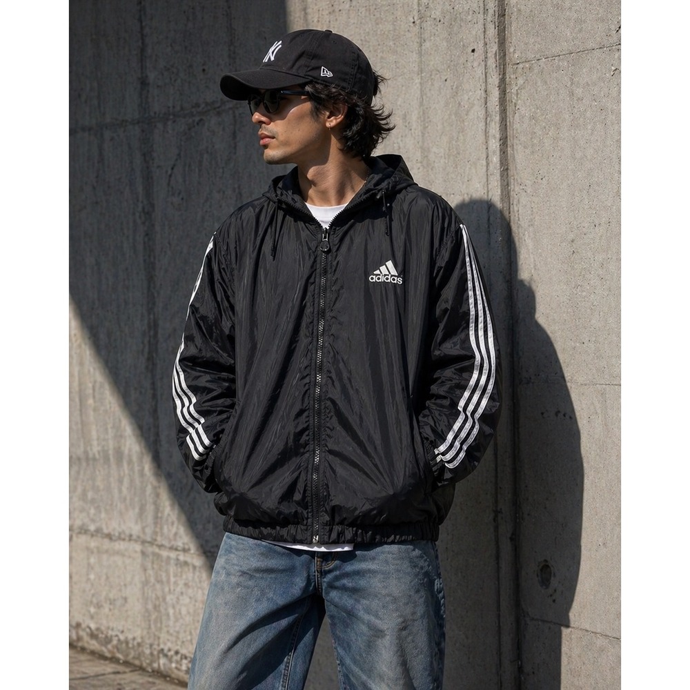 ADIDAS Vintage 90s Windbreaker Jacket XL Black Hood Full Zip 3 Stripe Streetwear